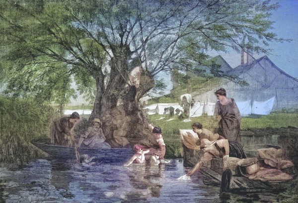 A rural washing place by the river, woman washing clothes and the children bathing in the river, 1869, France, Historic, digitally restored reproduction of an original 19th century painting, exact original date unknown, Europe