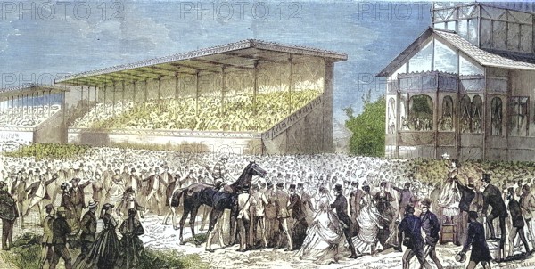 Racecourse in Bois de Boulogne, the favourite horse The Earl is being shown to the public, 1868, France, Historic, digitally restored reproduction of a 19th century original, exact original date not known, Europe