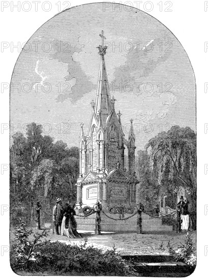 Monument in the arboretum to the Hanoverians killed in the Battle of Langensalza on 27 June 1866 with the names of the dead, 1869, Bad Langensalza, Thuringia, Germany, Historic, digitally restored reproduction of an original 19th century artwork, exact original date unknown, Europe