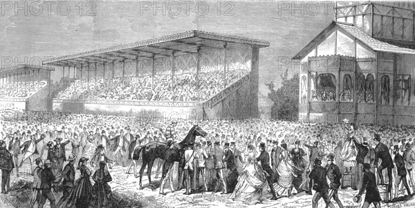 Racecourse in Bois de Boulogne, the favourite horse The Earl is being shown to the public, 1868, France, Historic, digitally restored reproduction of a 19th century original, exact original date not known, Europe