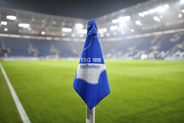 Corner flag, TSG 1899 Hoffenheim logo, grass, stadium interior, empty, PreZero Arena, Sinsheim, Baden-Württemberg, Germany, Europe