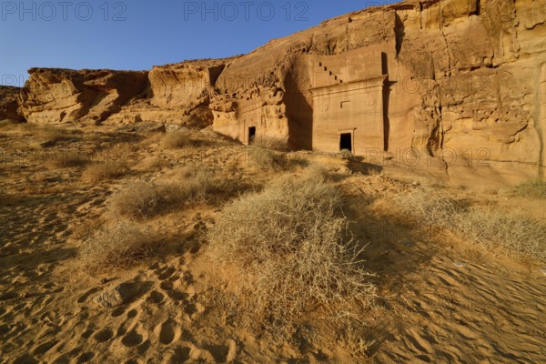 Nabataean tombs at Djabal Al-Ahmar in first daylight, Hegra or Madain Salih, AlUla region, Medina province, Saudi Arabia, Arabian Peninsula, Asia