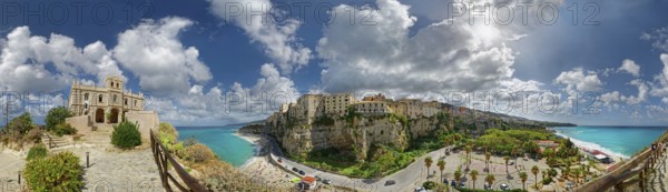 360° panorama with the medieval church Santuario di Santa Maria dell Isola and the old town of Tropea with its turquoise sea and sandy beaches, Tropea, Vibo Valentia, Calabria, Southern Italy, Italy, Europe