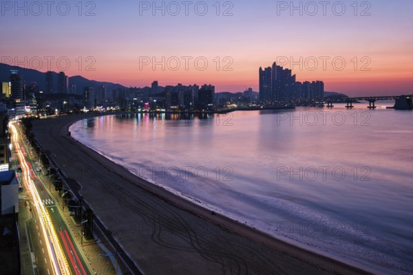 Gwangalli Beach in Busan on sunrise, South Korea. Aerial view