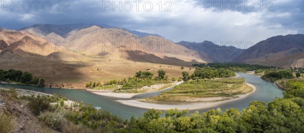 Green river valley with Naryn river between mountains, mountain landscape near Kazarman, Naryn region, Kyrgyzstan, Asia