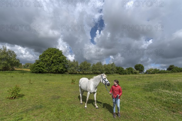 Girl, 10 years, with her horse in the pasture, Mecklenburg-Western Pomerania, Germany, Europe