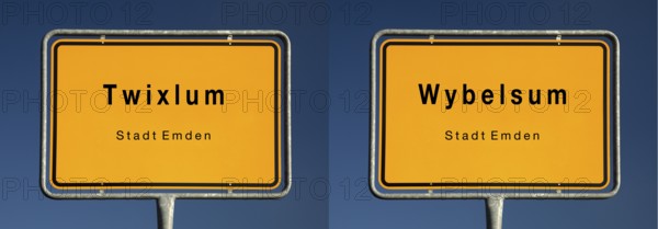 Place name signs for Twixlum and Wybelsum, districts of Emden, where the um at the end means home in North Germany, East Frisia, Lower Saxony, Germany, Europe