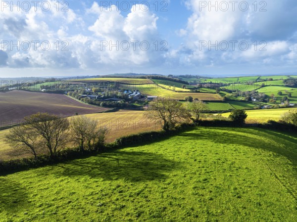 Lights and Shadows over Fields and Farms from a drone, Devon, England, United Kingdom, Europe
