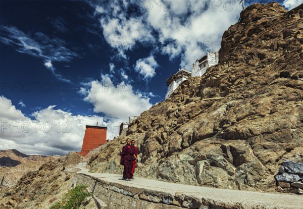 LEH, INDIA, SEPTEMBER 3, 2011: Two Buddhist monks walking near Namgyal Tsemo Gompa in Leh