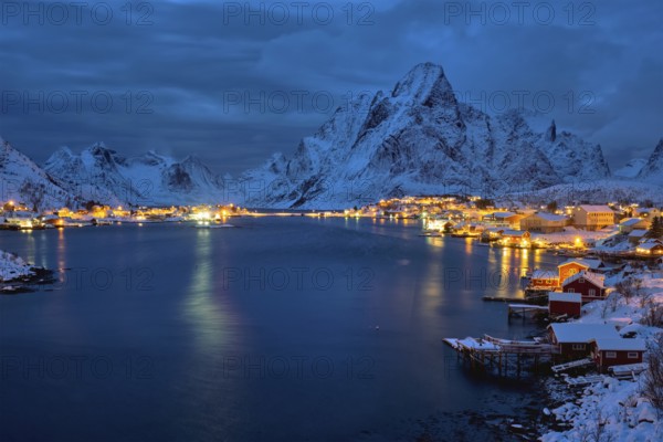Reine village illuminated at night. Lofoten islands, Norway, Europe