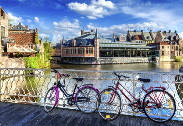 Bicycle is very common and popular transport in cities of Europe. Bicycles in european town street. Ghent, Belghium