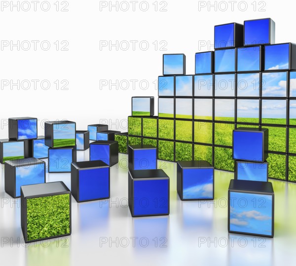 Ecology environmetal nature protection concept, cubes with beautiful landscape on white reflective background