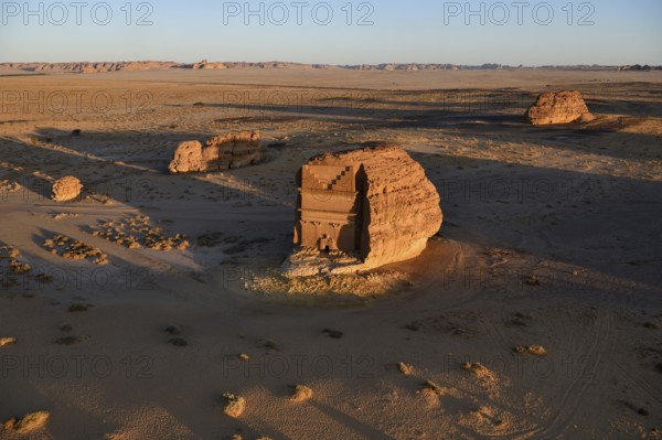 Qasr Al-Farid, 2000-year-old tomb of the Nabataeans, aerial view, Hegra or Madain Salih, AlUla region, Medina province, Saudi Arabia, Arabian Peninsula, Asia