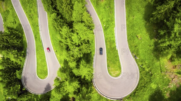 Aerial view of winding road with cars driving through lush green forest in the dolomites, italy, during summer