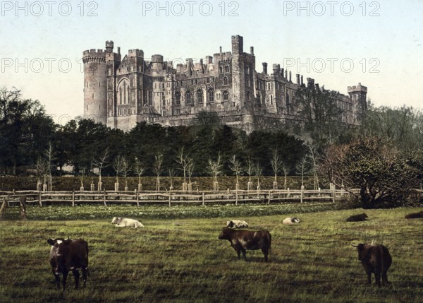 Arundel Castle, a castle in the village of Arundel in the county of West Sussex, England, Historical, digitally restored reproduction from a 19th century original, Record date not stated