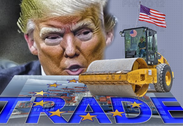 Symbolic image, EU, Germany and global economy under the US steamroller, Donald Trump, tariff threats, Elon Musk, Mark Zuckerberg, social networks, fake news, hate, hate speech, DSG Digital Services Act, re-election, USA, politics, announcements, vendetta, wanted dictator, Republicans, US electoral system, global danger, lies, 2nd term, global burden, Ukrainian war, storming White House, North America