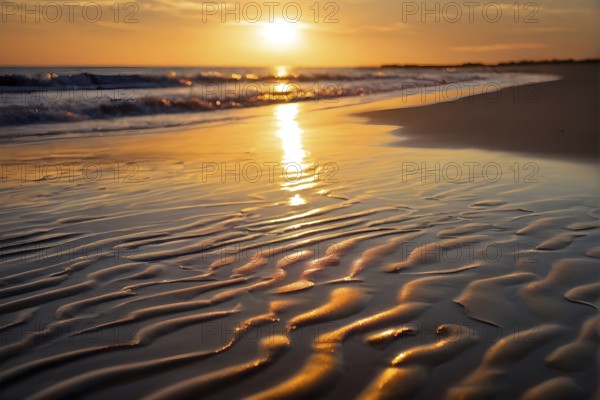 Sunset mood on a whispering tranquil costal landscape with sandy beach, AI generated