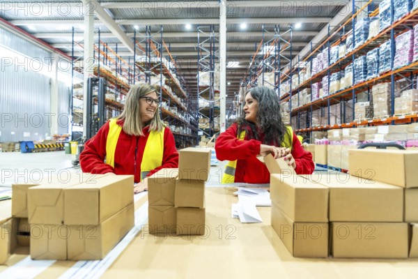 Happy female caucasian manual workers organizing boxes to ship in a distribution warehouse