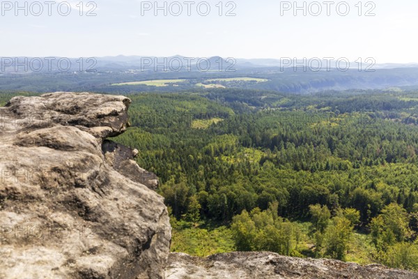 From the Großer Zschirnstein, view to the east to the Rosenberg, Reinhardtsdorf-Schöna, Saxon Switzerland, Saxony, Germany, Europe