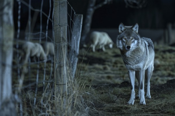 A wolf stands at a pasture fence at night and observes a grazing flock of sheep, symbolic image for herd protection, danger, killing by wolf attack, AI generated, AI generated, AI generated