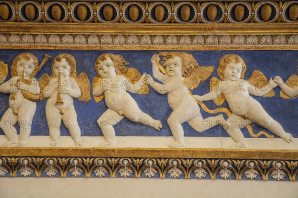 Mantelpiece with angel figures in Palazzo Ducale, Unesco world heritage site Urbino, Urbino and Pesaro district, Urbino, Marche, Italy, Europe