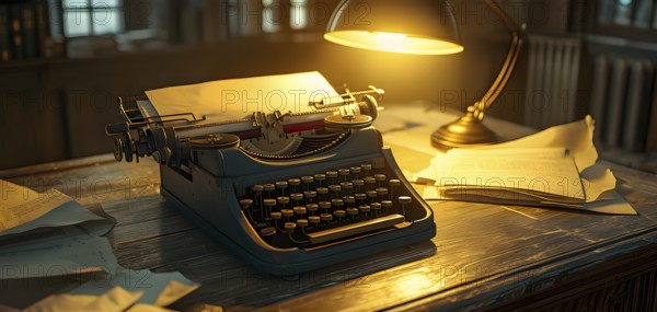 Antique typewriter sitting on a weathered wooden desk, with crumpled papers scattered around, AI generated