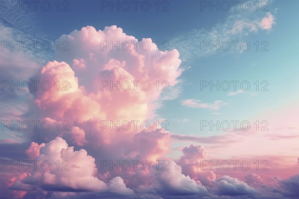 Pink clouds in teal blue sky. KI generiert, generiert, AI generated