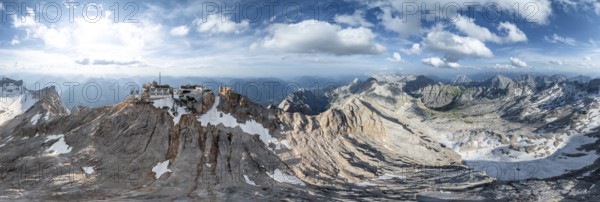Alpine panorama, aerial view, Zugspitze and Zugspitzplatt with glacier, high mountains, Bavaria, Germany, Europe