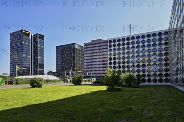 Flats Student Experience rear high-rise buildings, Cross, Towers, architect Norman Foster, Zuidas financial district, Amsterdam, North Holland, Netherlands