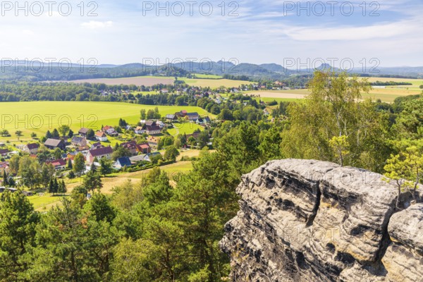 On the Kaiserkrone with panoramic view, view of Schöna and Reinhardtsdorf, in the background the Wolfsberg and the Lilienstein, Saxon Switzerland, Saxony, Germany, Europe