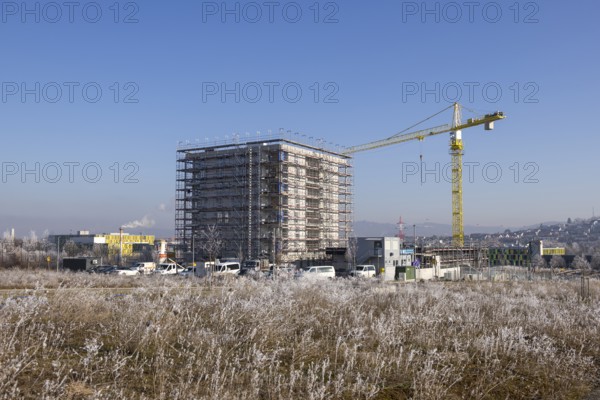 Open field with high-rise building under construction and crane, clear winter sky, housing construction, new construction of 50 flats, new development area, apartment building, construction site, crane, Winnenden, Baden-Württemberg, Germany, Europe