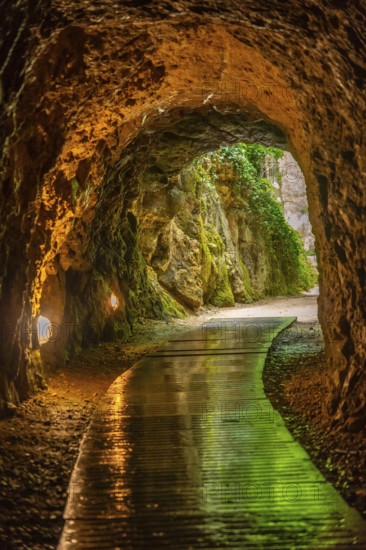 Trail in the Iris Grotto at the Cola de Caballo Waterfall in the Monasterio de Piedra Natural Park, Aragon