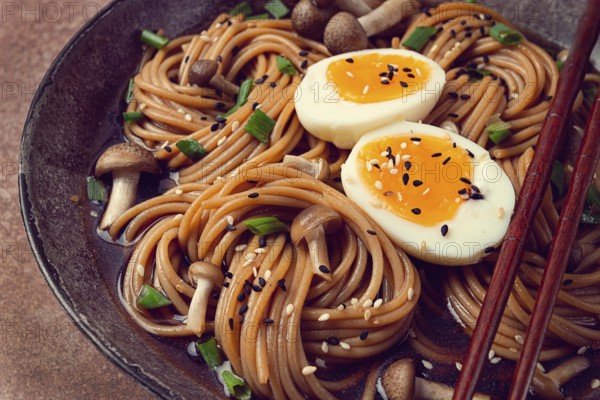 Buckwheat noodles, soba, with shimeji mushrooms, boiled egg, green onion, sesame seeds, homemade, no people