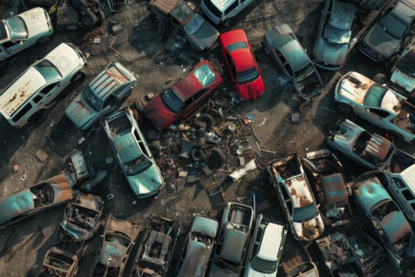 Aerial view, top down view of a scrap car, wreck, in a scrap yard, car graveyard, AI generated, AI generated, AI generated