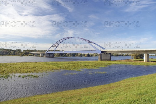 Modern bridge over a wide river on a sunny day with clear sky and some clouds, Bridge of Unity, Dömitz. Elbe, Brandenburg, Germany, Europe