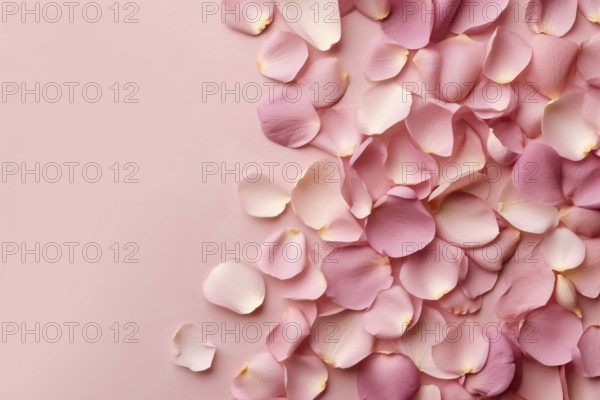Pink rose flower petals on pink background with copy space. KI generiert, generiert, AI generated