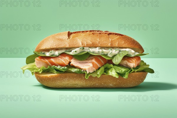 Salmon fish sandwich on green background. KI generiert, generiert AI generated