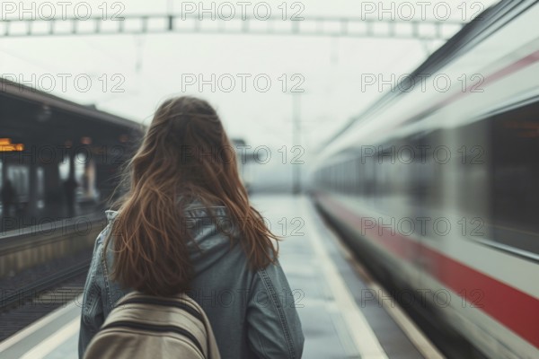 Woman at platform with passing train. KI generiert, generiert, AI generated