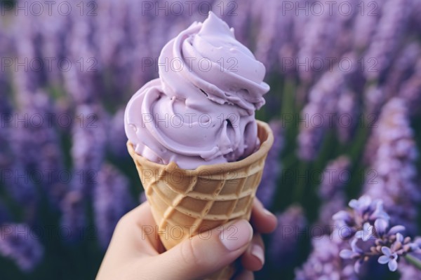 Hand holding purple ice cream in cone with purple flowers in blurry background. KI generiert, generiert, AI generated