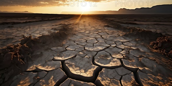 Desolate agricultural farmland with dried crops in sunrise, AI generated