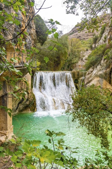 Beautiful landscape in the waterfalls next to the path on the Vero River walkways in Alquezar. Huesca Pyrenees