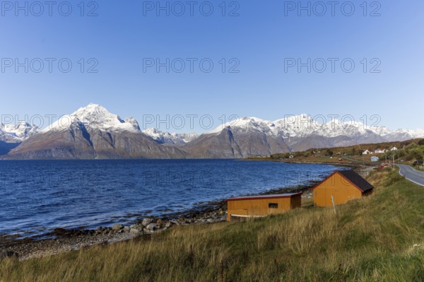 Snow-covered mountains at Lyngen Fjord, September 2024, Norway, Europe