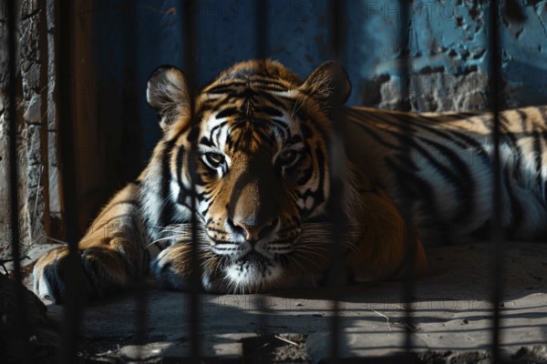 Tiger in cage behind bars. Generative Ai, AI generated
