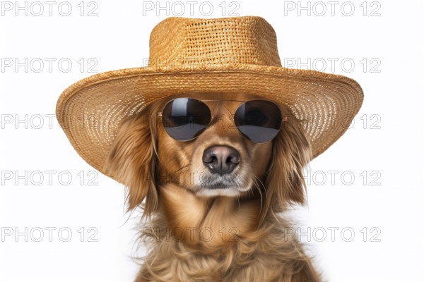 Portrait of dog with cool sunglasses and summer straw hat on white background. KI generiert, generiert AI generated