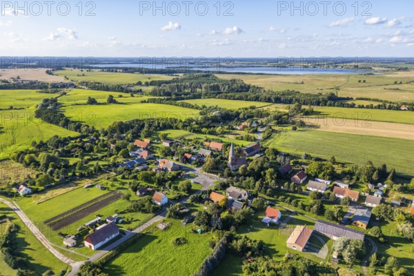 Aerial view, drone photo: Gehren village, Lake Galenbeck in the background, Brohmer Berge, Mecklenburg-Western Pomerania, Germany, Europe