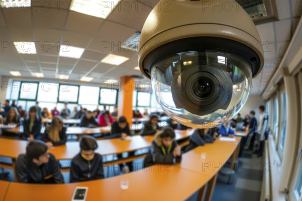 A surveillance camera, CCTV, in a classroom, school building, AI generated, AI generated, AI generated
