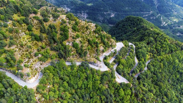 France, French Maritime Alps, Parc Naturel des PréAlpes d'Azur, Département Alpes Maritimes, aerial view of road to pass Col de la Turini, travel landscape nature Alps, Europe