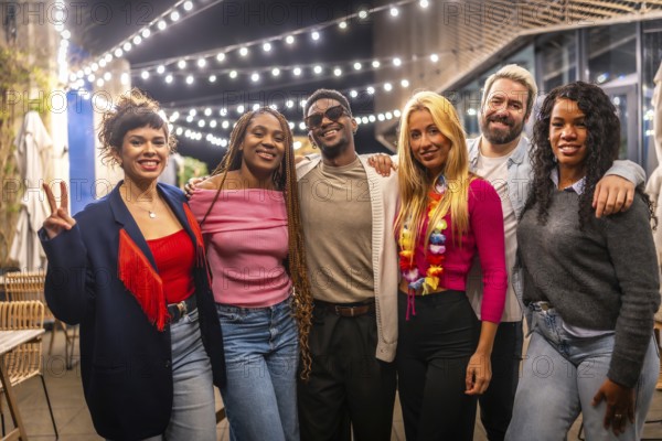 Portrait of multi-ethnic young friends standing smiling at camera in a bar terrace at night