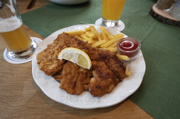 Wiener Schnitzel with French fries served in a pub, Bavaria, Germany, Europe