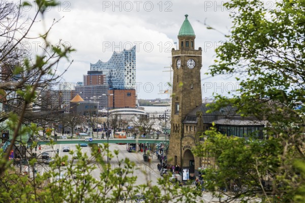 St. Pauli Landungsbrücken with the pier tower and the Elbe, Elbe Philharmonic Hall in the background, Hamburg, Germany, Europe